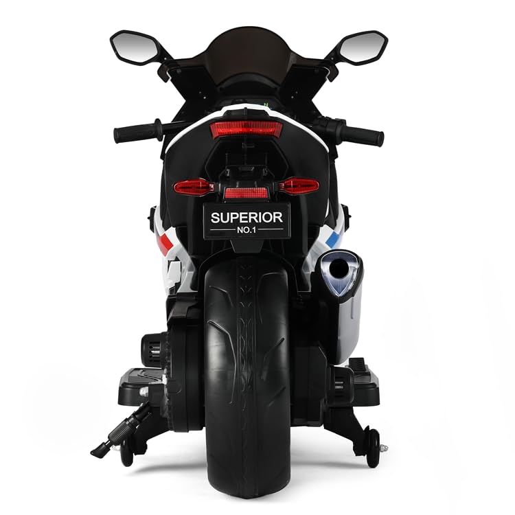 Usmile Toys black battery-powered kids' biggest bike with realistic exhaust pipes, comfortable black seat, and red rim details. www.usmile.toys